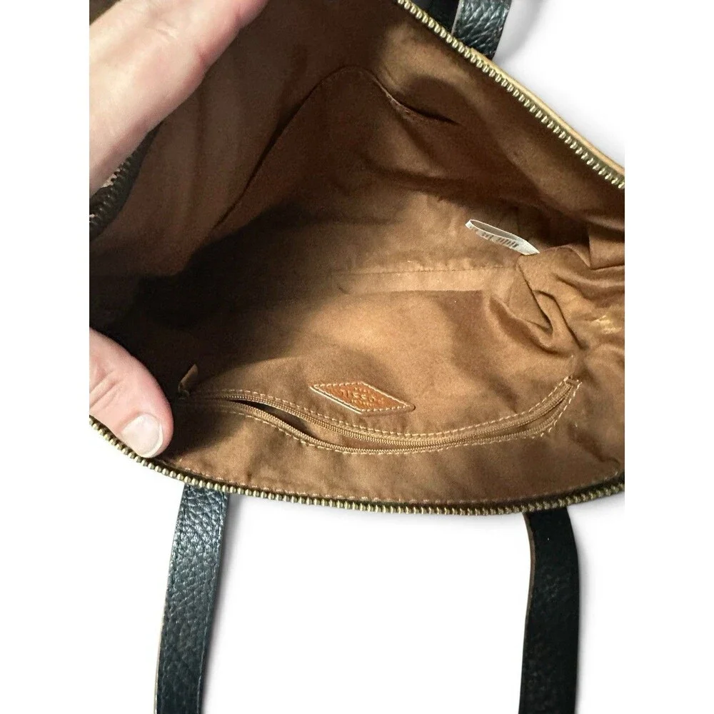 Fossil Black Leather Crossbody Satchel Bag Brown Strap Zip Top
